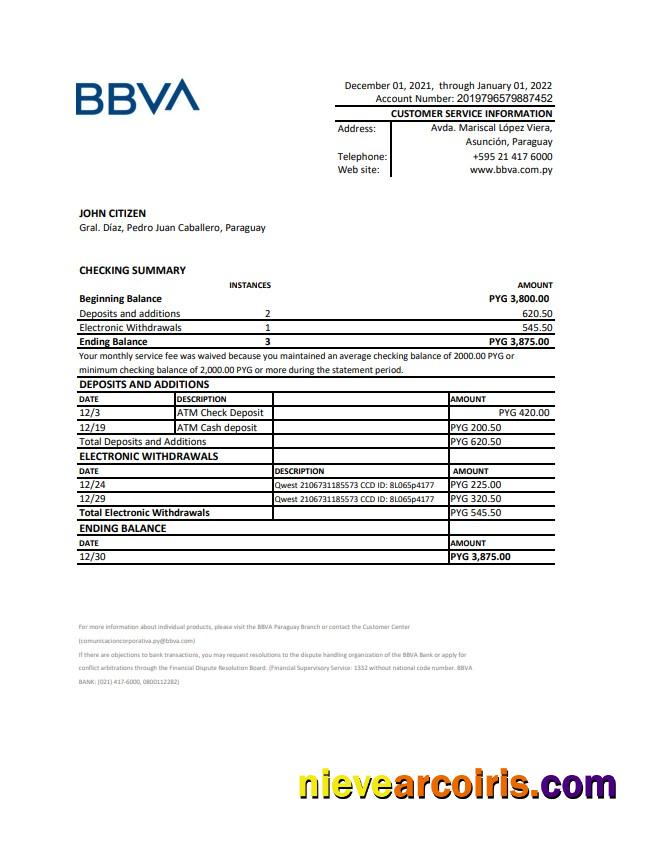 Paraguay BBVA bank statement xls